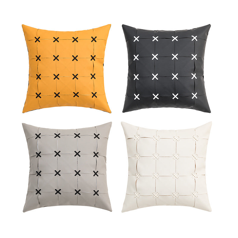 American Modern Pure Color PU Leather Hand-woven Pillow Cover - CozyLooter