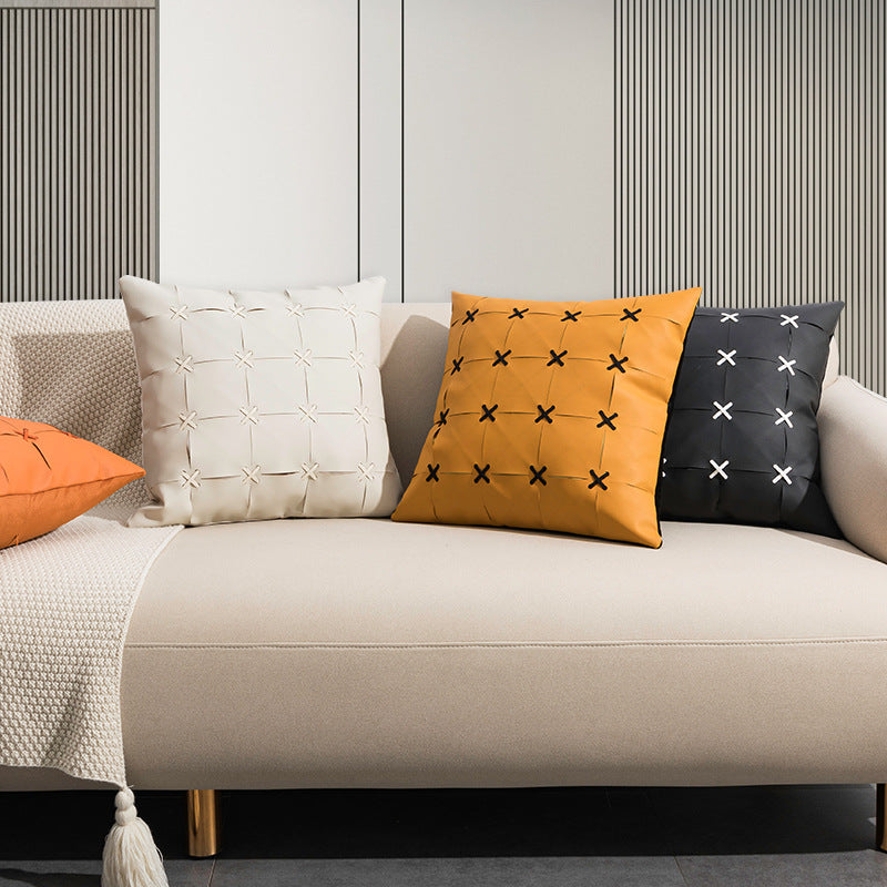 American Modern Pure Color PU Leather Hand-woven Pillow Cover - CozyLooter
