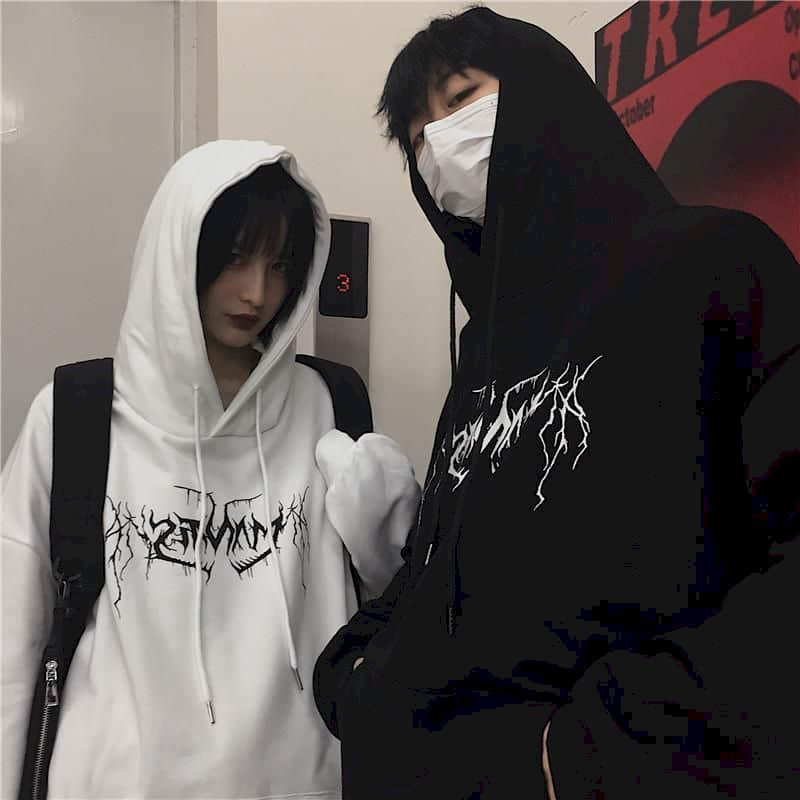 Gothic Streetwear Hoodies Mannen Ins Stijl Herfst Winter Lightning Print Losse Plus Fleece Hooded Sweatshirt - CozyLooter