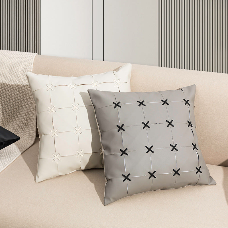 American Modern Pure Color PU Leather Hand-woven Pillow Cover - CozyLooter