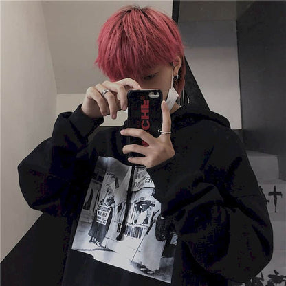 Gothic Streetwear Hoodies Mannen Ins Stijl Herfst Winter Lightning Print Losse Plus Fleece Hooded Sweatshirt - CozyLooter