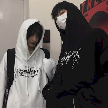 Gothic Streetwear Hoodies Mannen Ins Stijl Herfst Winter Lightning Print Losse Plus Fleece Hooded Sweatshirt - CozyLooter