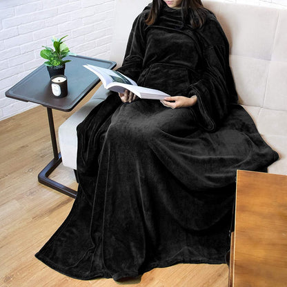 Warm Blanket Long Coral Fleece Blanket With Sleeves Coral Fleece Pocket Blanket  Winter Wash Flannel Blankets - CozyLooter
